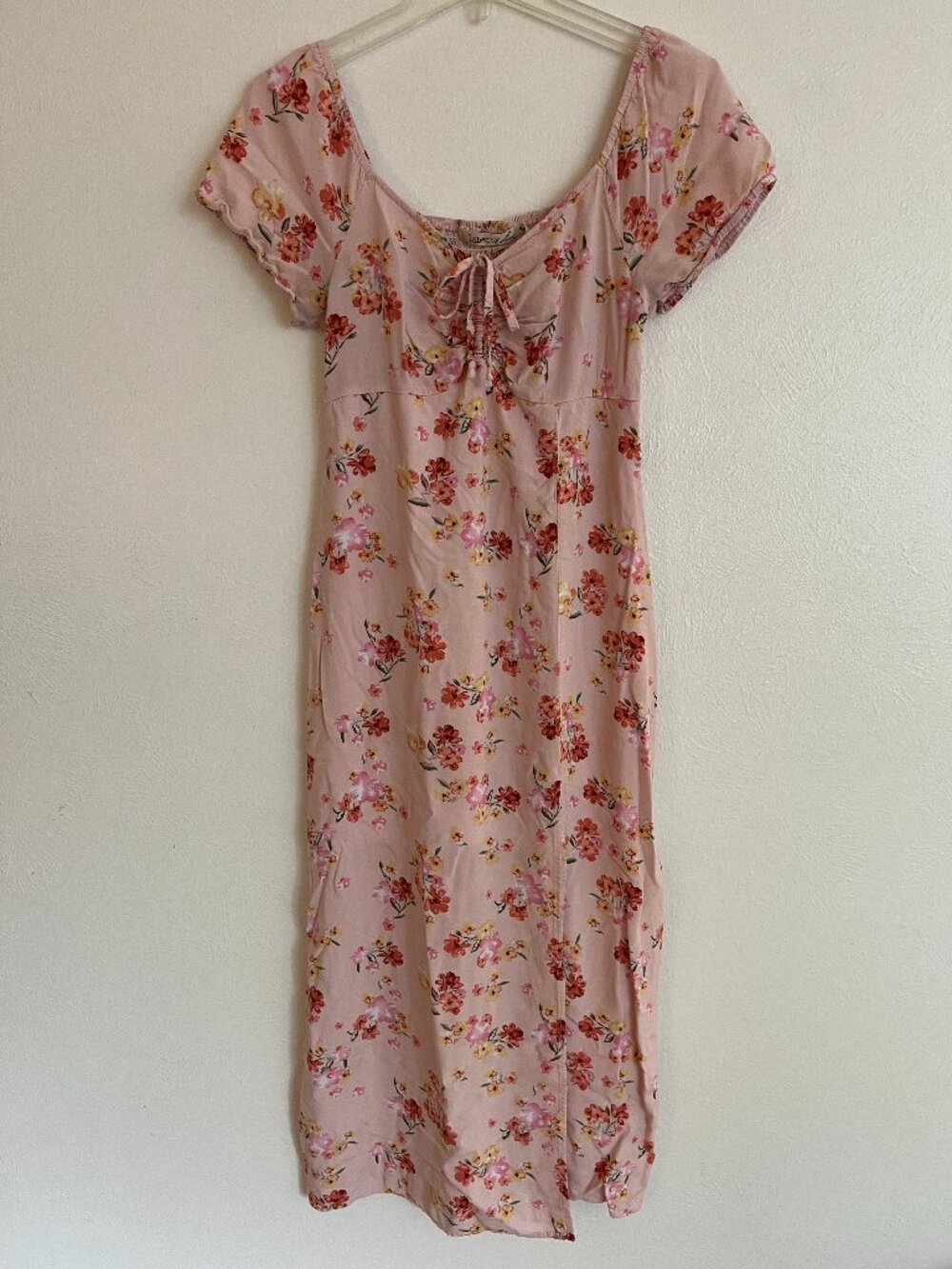 Liberty Love Pink Floral Smocked Peasant Midi Dress Size L Juniors Cottagecore